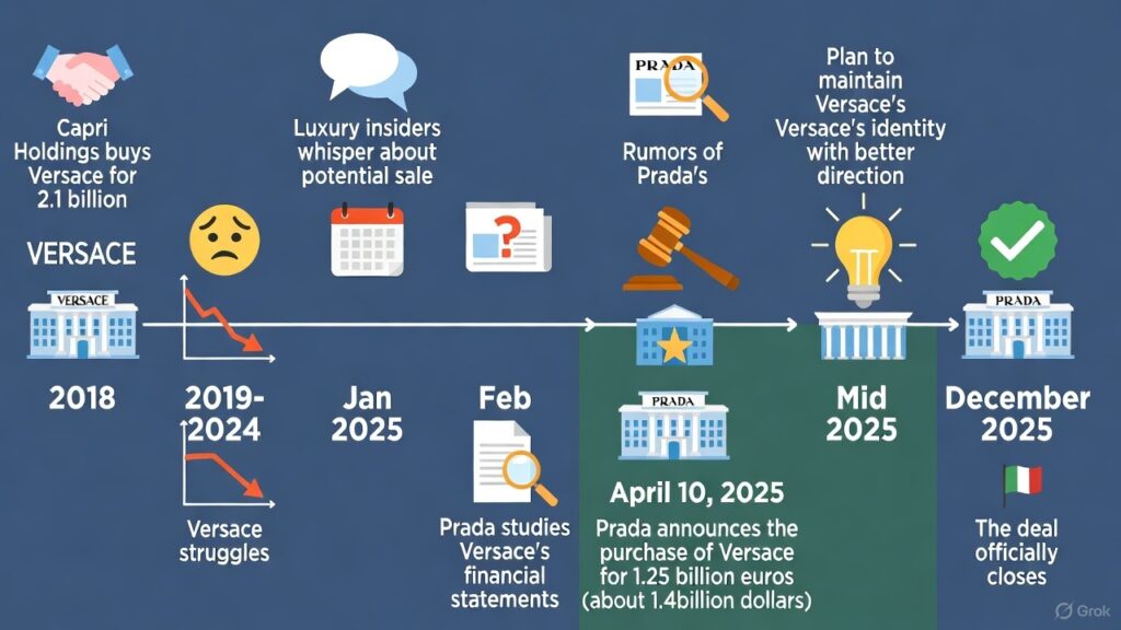 Timeline of the Prada buys Versace 2025 deal from Capri’s purchase to final acquisition.