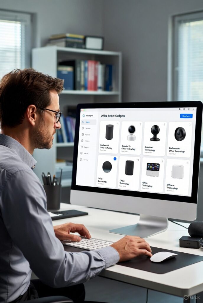 Professional using AI interface to analyze smart office gadgets

