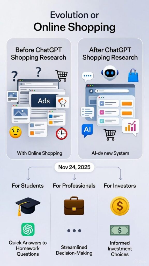Infographic showing the evolution from chaotic tab-filled online shopping to clean AI-driven decisions with ChatGPT Shopping Research, highlighting benefits for students, professionals, and investors  

