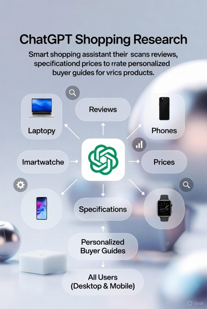 Sleek infographic showing ChatGPT Shopping Research as a central hub that scans reviews, specifications, and prices to deliver personalized buyer guides for laptops, phones, and smartwatches – available to all users on desktop & mobile  

