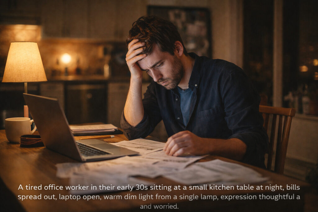 Tired office worker reviewing bills at night, showing how inflation affects your salary and daily life.