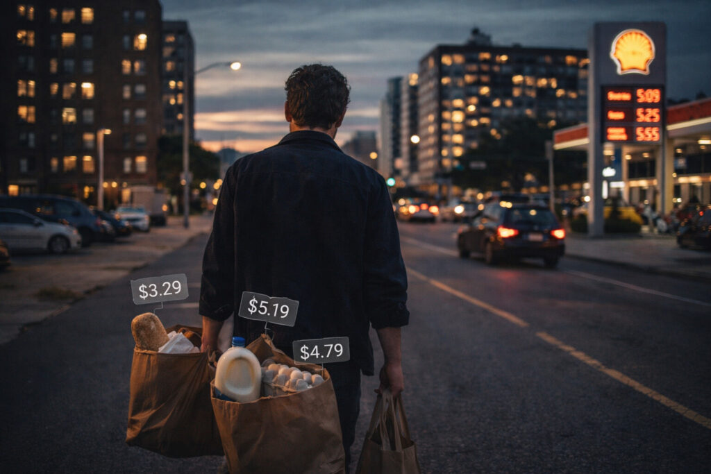Working professional walking home with groceries, showing how inflation affects your salary and daily life.