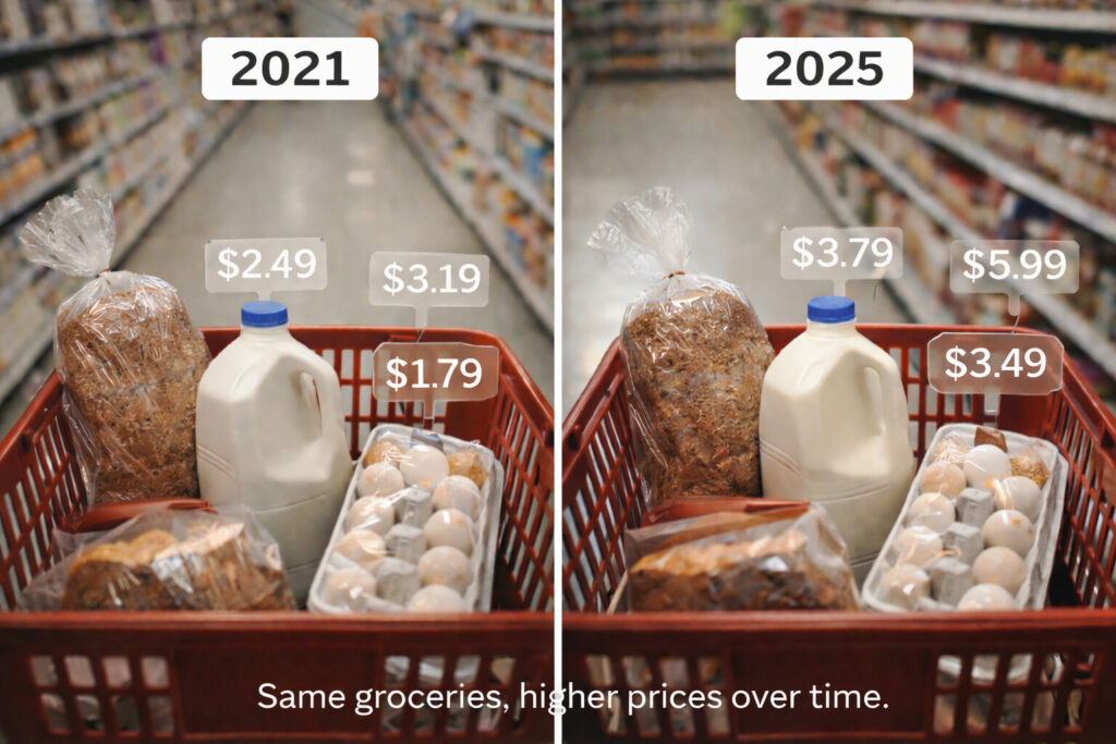 Split-frame grocery basket comparison showing how everyday food prices rose from 2021 to 2025