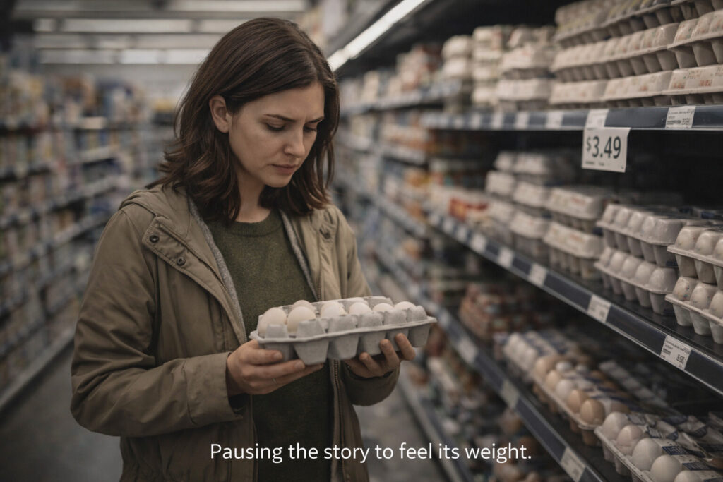 Woman in a grocery aisle holding a carton of eggs, pausing as rising prices reflect how inflation affects everyday choices.