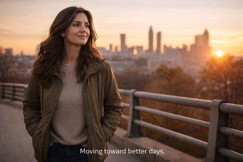 Woman walking at sunrise with city skyline behind her, symbolizing hope and forward movement despite financial pressure.