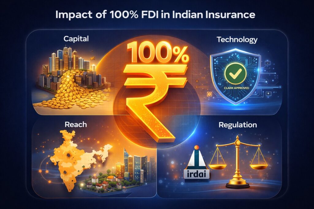 Impact of 100% FDI in Indian Insurance Sector infographic showing capital inflow, technology adoption, market reach, and regulation framework