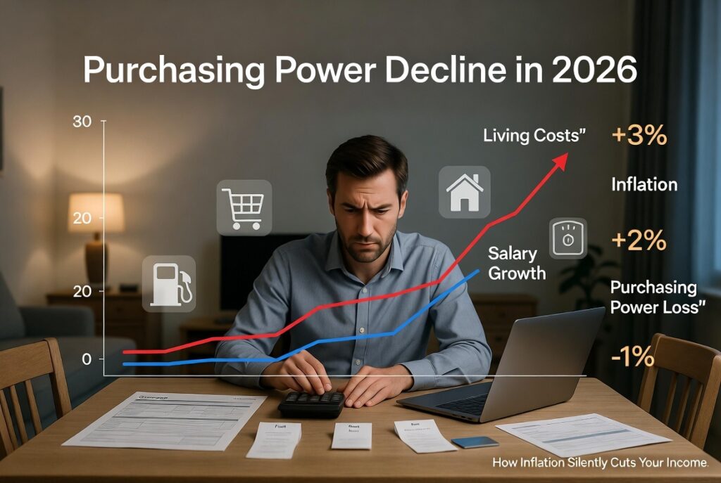 Purchasing power decline chart showing how inflation silently cuts your income in 2026