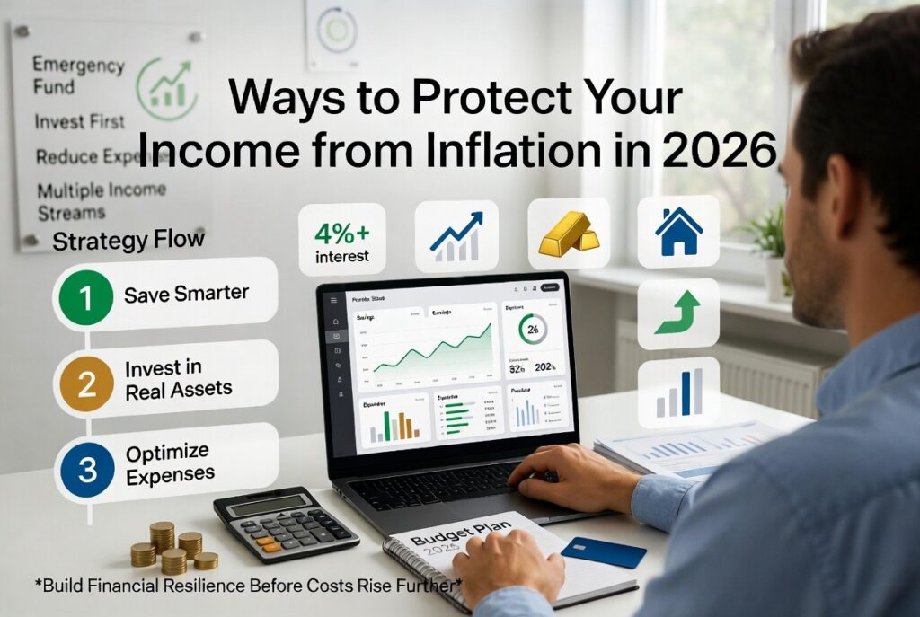 Ways to protect income from inflation in 2026 infographic showing savings, investing, and budgeting strategies