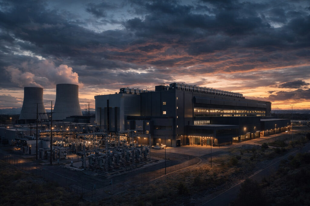 The $700B AI Infrastructure Race Explained: The Global Tech Battle | PennyPowerPlay hyperscale AI data center facility with power infrastructure and cooling towers