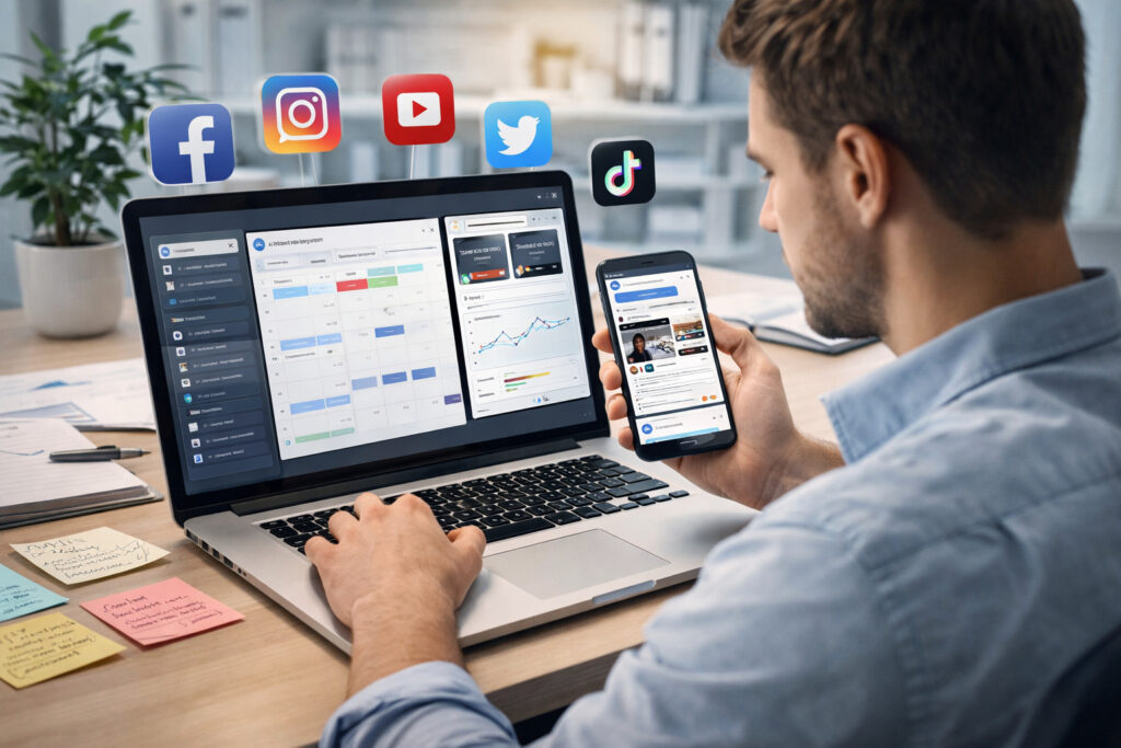 AI social media content creation using automation tools and analytics dashboards