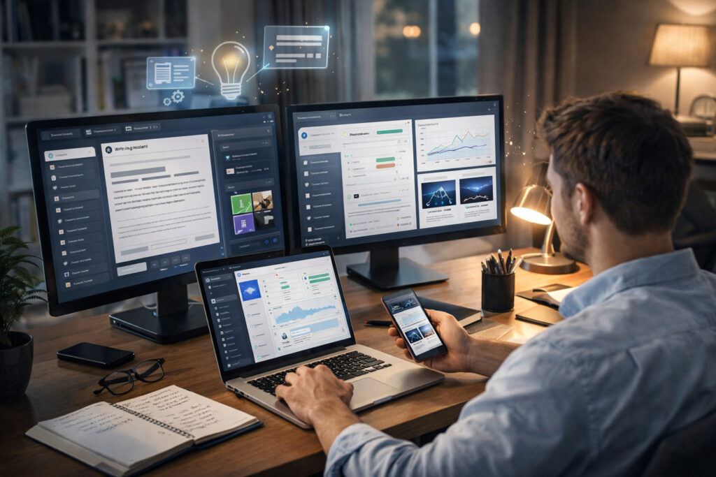 freelancing with AI tools to complete tasks faster and manage multiple clients efficiently