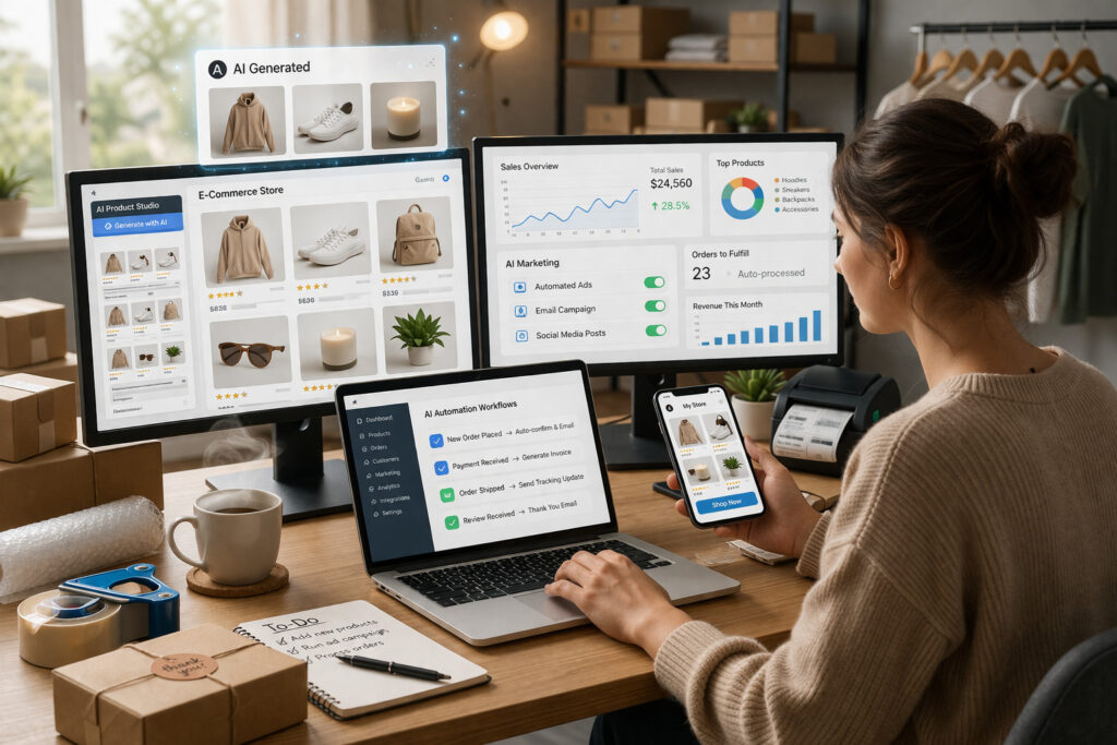 AI small online business using e-commerce automation tools to manage sales marketing and customer orders