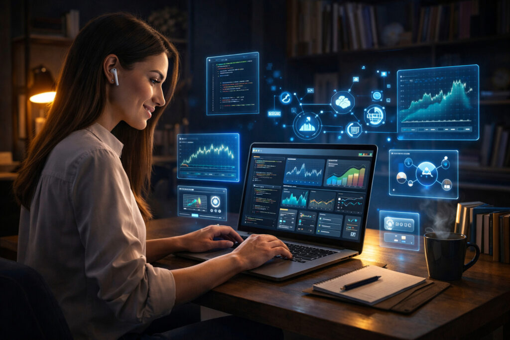 A young professional woman working on a laptop at night using AI tools, with holographic dashboards showing coding tutorials, financial charts, and data analytics in a modern workspace.