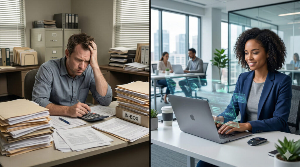 AI impact on jobs and income shift 2026 showing manual work vs AI productivity