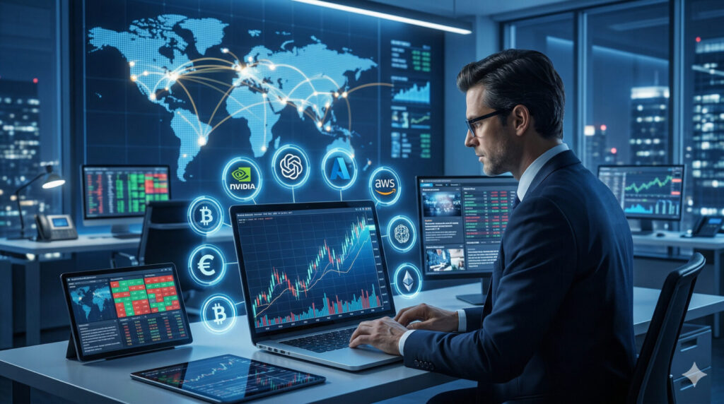AI investment trends and stock market growth showing global financial data and AI-driven systems
