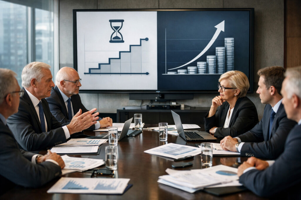 why companies buy instead of build corporate strategy meeting showing business growth vs time decision