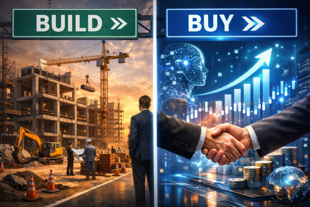 why companies buy instead of build strategy illustrated with construction vs acquisition business concept in 2026