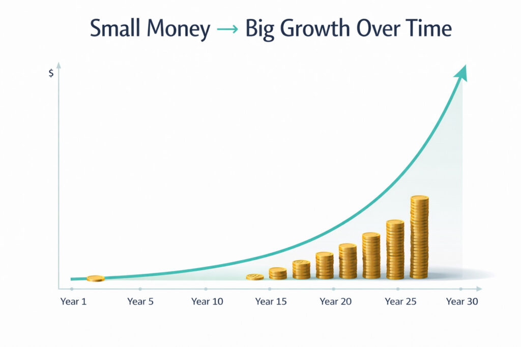 How to Start Investing in 5 Simple Steps (Build Wealth) | PennyPowerPlay compound interest wealth growth chart