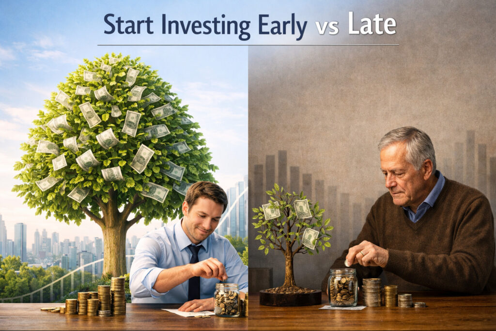 how to start investing early vs late wealth comparison