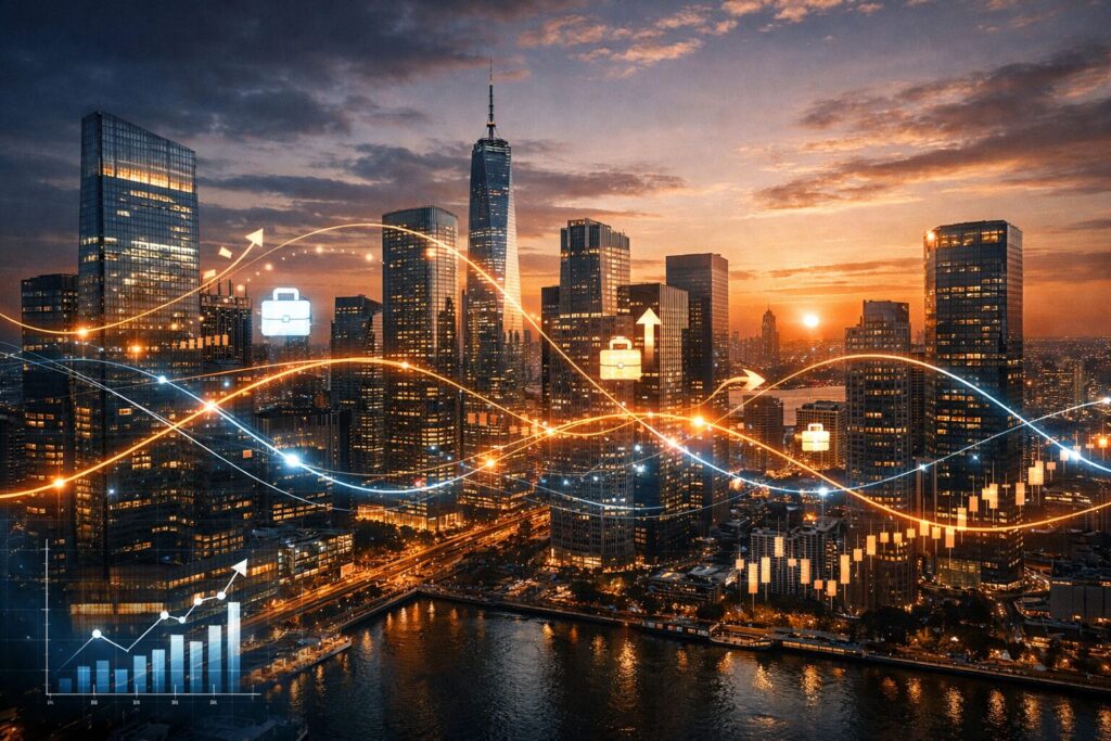 M&A activity visualization showing capital movement between companies in a financial district