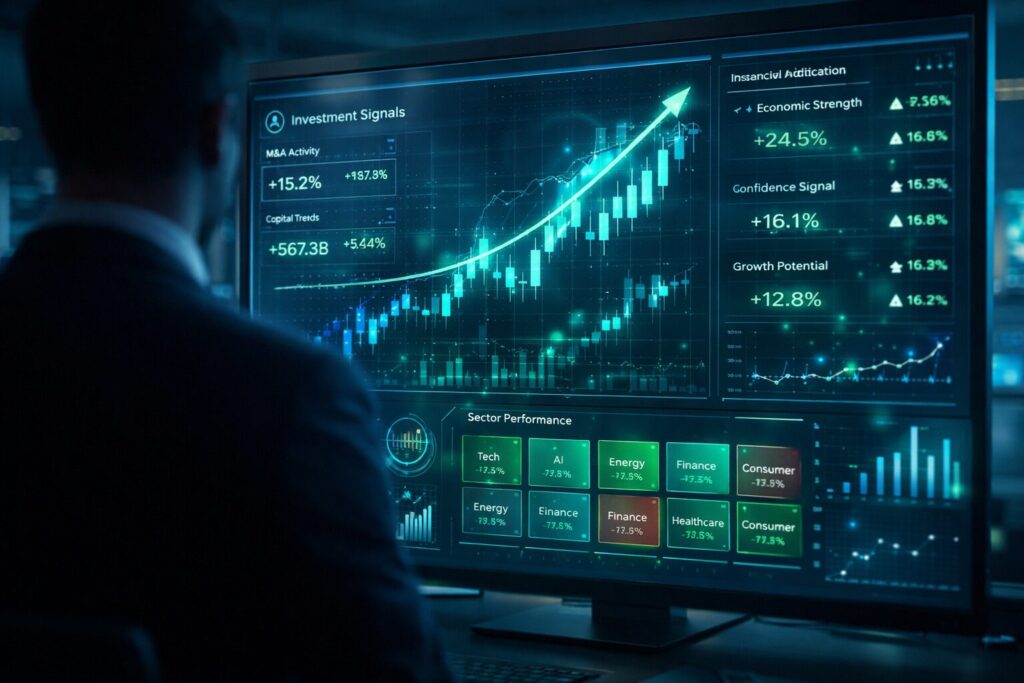 Financial dashboard showing M&A signals and market trends