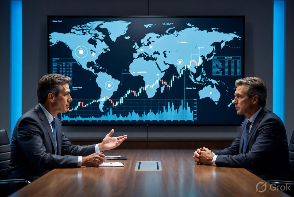 M&A activity meaning explained with business executives discussing mergers and global stock market trends