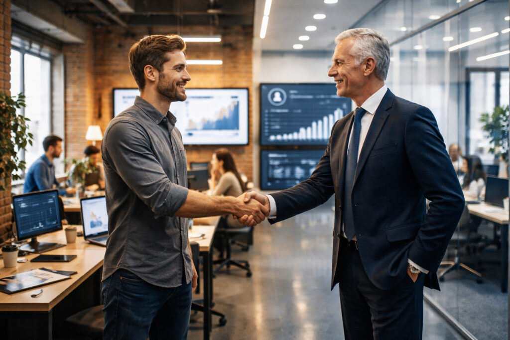 startup founder and corporate executive handshake showing acquisition deal and why companies buy instead of build