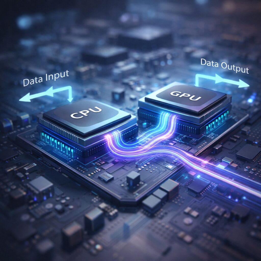 simple compute power illustration showing cpu gpu data input and output processing
