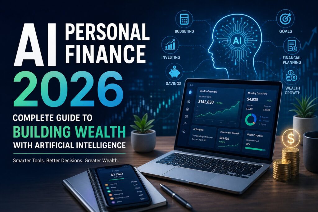 AI personal finance 2026 concept showing a smart digital wealth dashboard, budgeting tools, AI investing analytics, and financial growth technology