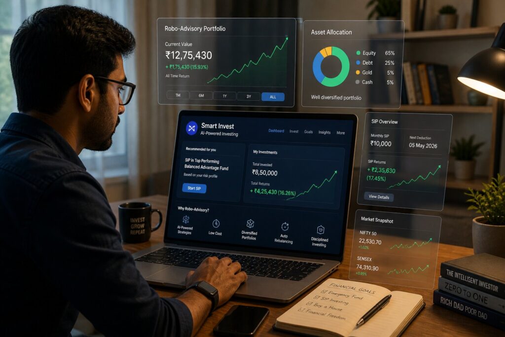 Indian investor using an AI robo-advisor platform to track SIP investments and portfolio growth