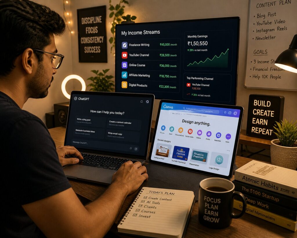 Freelancer using ChatGPT and Canva AI tools to manage multiple online income streams from a home office