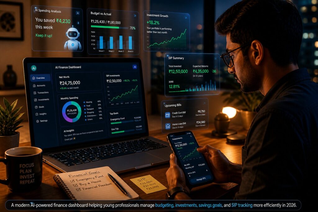 AI personal finance 2026 dashboard helping an Indian professional track budgeting, SIP investments, and savings using artificial intelligence