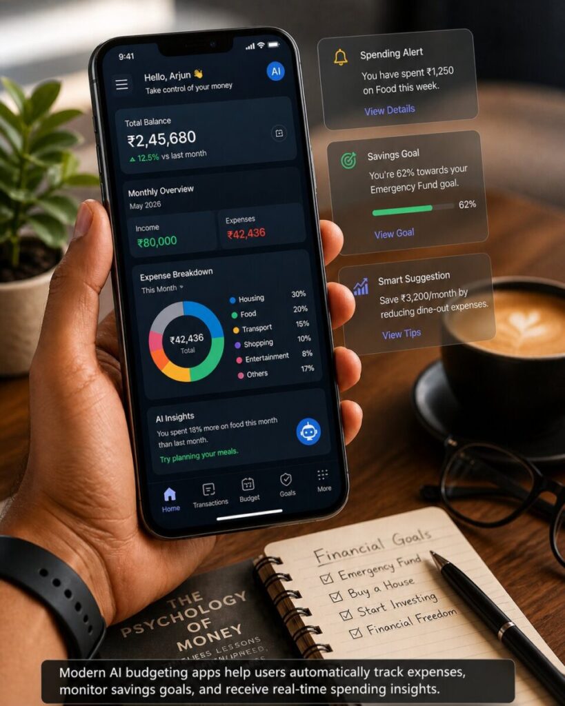 AI budgeting app on smartphone tracking expenses, savings goals, and spending alerts in Indian rupees