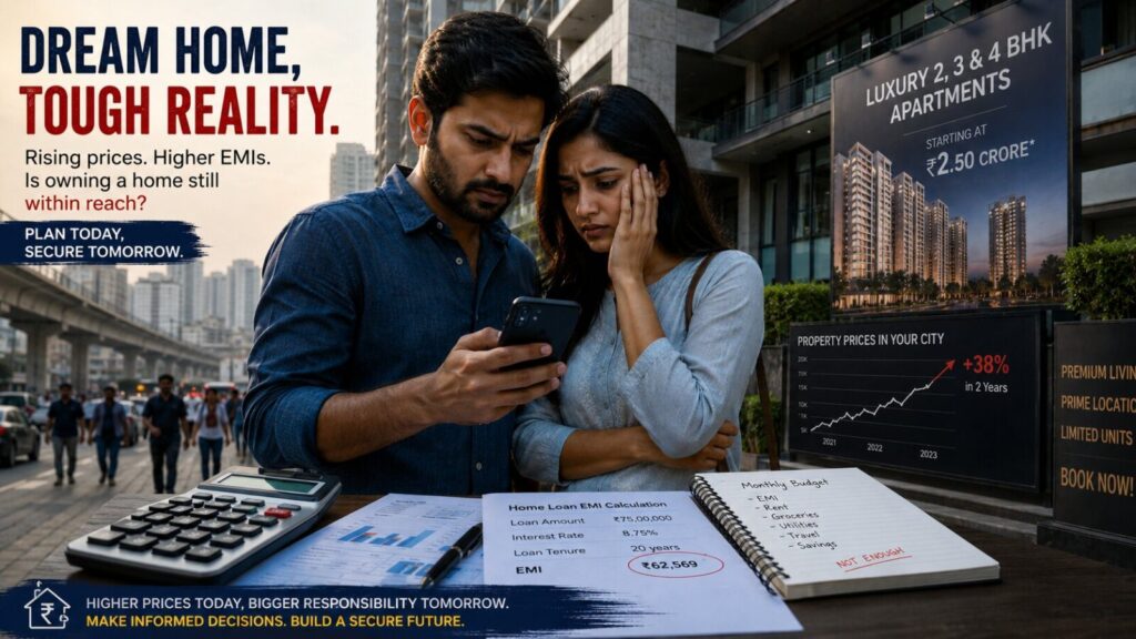 Young professional couple standing outside a modern apartment building while checking rising home loan EMI costs and property prices on a smartphone, showing financial stress and housing affordability concerns in an urban city environment.