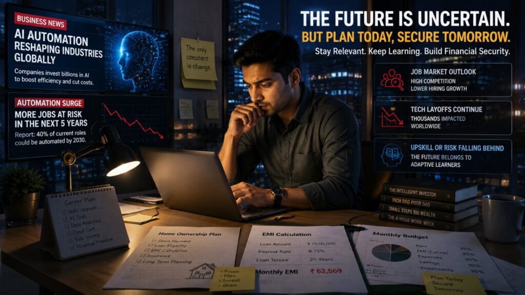Young office professional working late at night on a laptop while reviewing AI automation news, home loan EMI calculations, career planning documents, and financial spreadsheets in a modern office environment filled with uncertainty about the future job market.