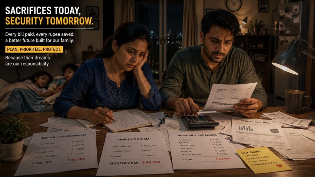 Middle-class parents sitting late at a dining table reviewing school fee papers, home loan EMI bills, grocery expenses, and monthly budgets while their children sleep in the background inside a modest apartment.