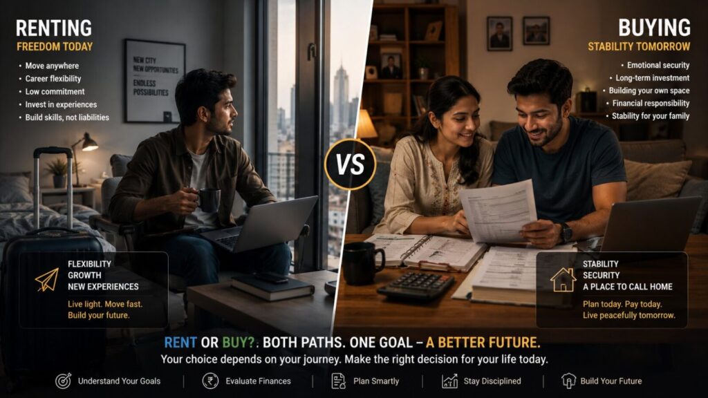 Split-scene illustration comparing renting and buying in modern urban life, with a young professional enjoying flexible city living on one side and a young couple managing EMI documents and budgeting inside their own apartment on the other.