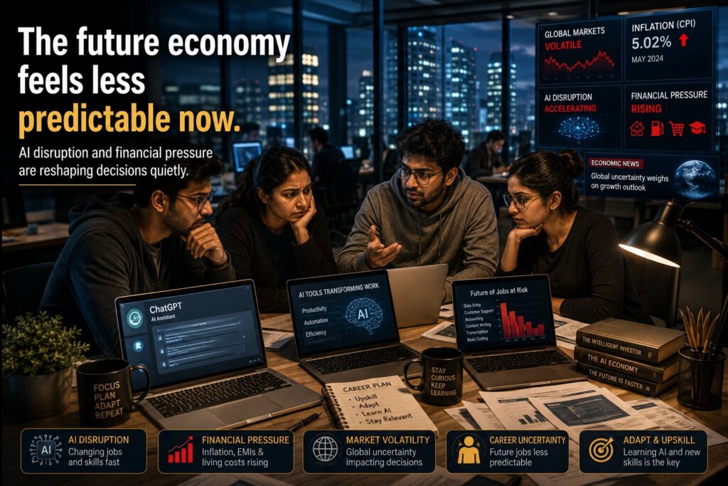 Young professionals facing AI economy uncertainty and financial pressure