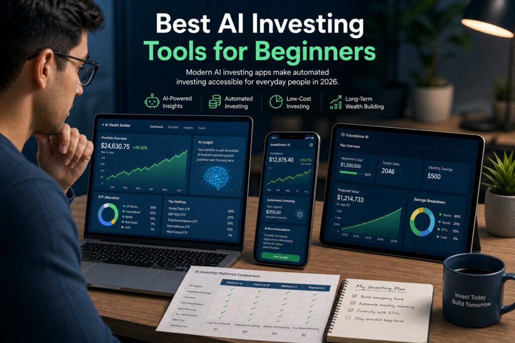 beginner comparing AI investing platforms and robo advisor apps in 2026