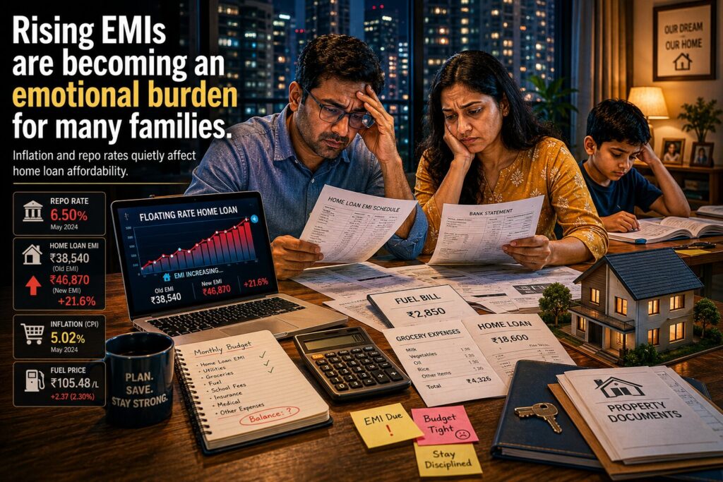 Indian middle-class family managing rising home loan EMIs and inflation