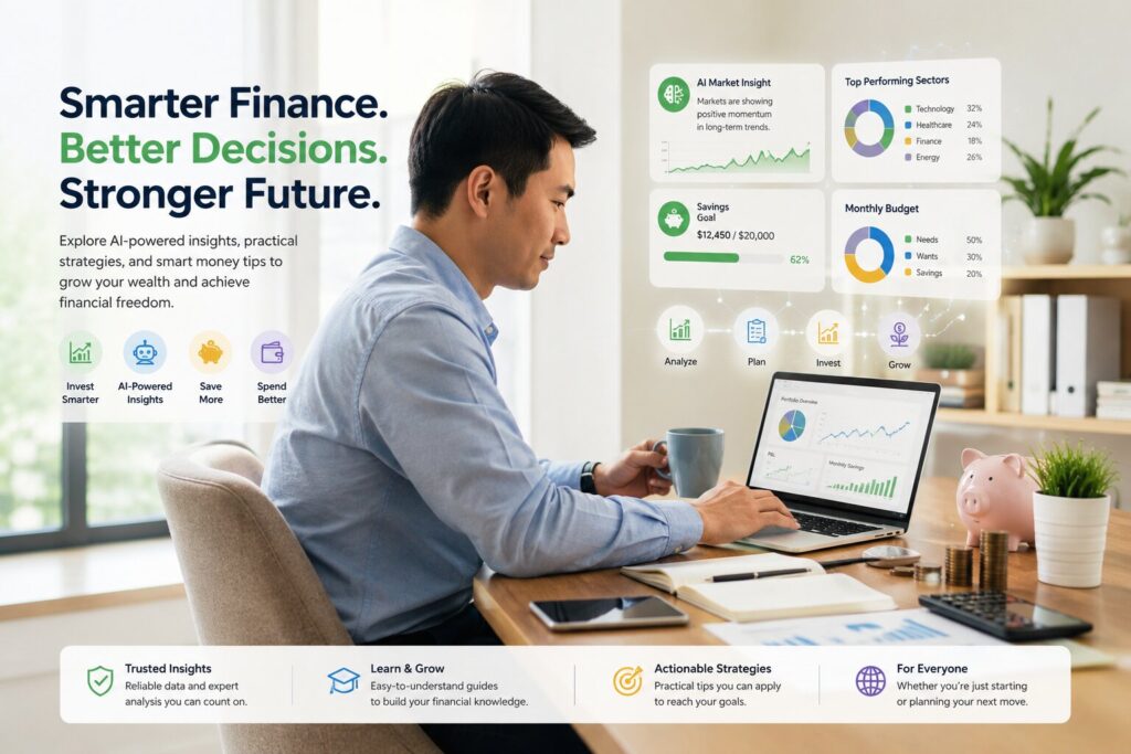 Professional finance and AI homepage hero image showing a working professional reviewing financial charts and AI insights on a laptop in a bright modern workspace.