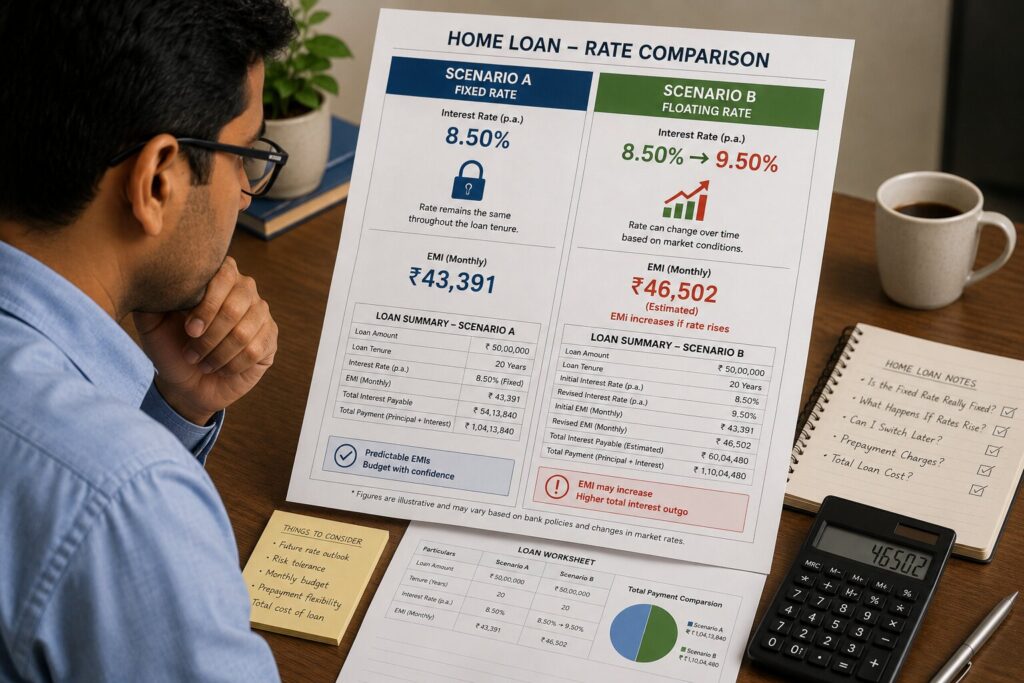 Fixed vs Floating Home Loan Interest Rates: Which Option Is Better for Home Buyers? | PennyPowerPlay ₹50 lakh fixed vs floating home loan EMI comparison example.