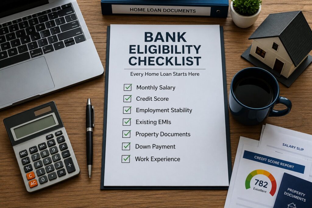 Home Loan Eligibility for Salaried Employees in India (2026 Guide): Salary, Documents & Eligibility Criteria | PennyPowerPlay Checklist showing factors banks evaluate before approving a home loan.