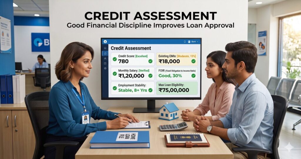 Home Loan Approval Process in India (2026 Guide): Step-by-Step from Application to Disbursement | PennyPowerPlay Housing finance officer reviewing a borrower's credit score, salary, EMI obligations, and loan eligibility during the home loan approval process