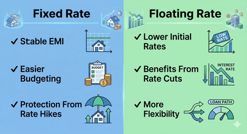 Fixed vs Floating Home Loan Interest Rates: Which Option Is Better for Home Buyers? | PennyPowerPlay Fixed vs Floating Home Loan Interest Rates comparison table showing key differences for home buyers.