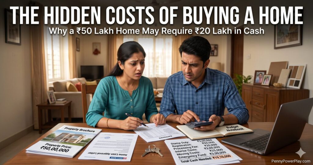 Hidden costs of buying a home in India showing a middle-class Indian couple calculating stamp duty, registration charges, interior costs, and total cash needed for a ₹50 lakh property purchase.