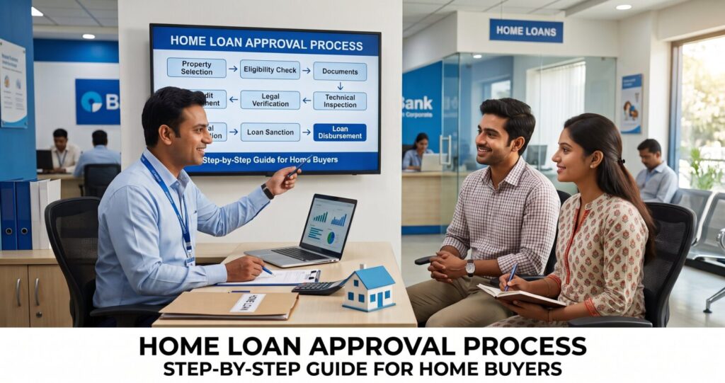 Indian housing finance officer explaining the home loan approval process step by step to a young couple inside a modern bank branch.