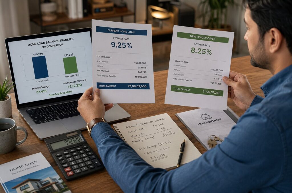 Home Loan Balance Transfer interest rate comparison showing potential loan savings from switching lenders