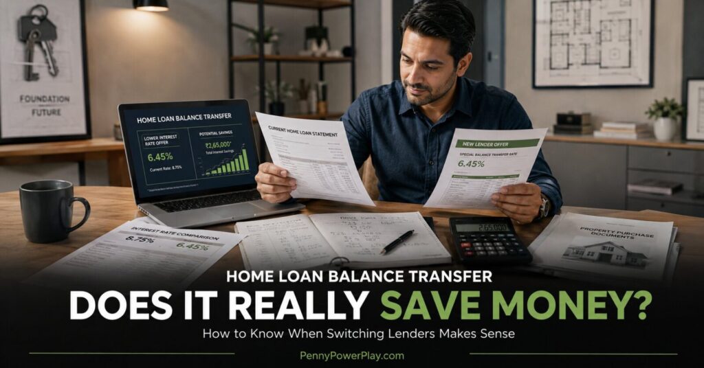 Home Loan Balance Transfer comparison showing a homeowner reviewing loan documents and calculating potential interest savings before switching lenders.