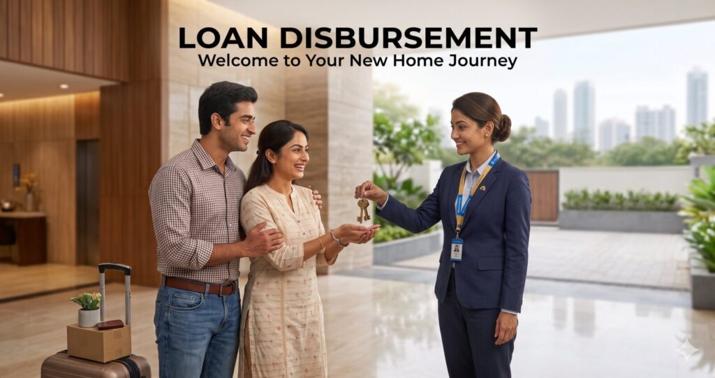 Home Loan Approval Process in India (2026 Guide): Step-by-Step from Application to Disbursement | PennyPowerPlay Indian family receiving house keys after home loan disbursement and completing the final stage of the home loan approval process.
